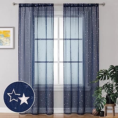 Navy Blue Star Sheer Curtains for Kids Nursery - 106-Inch Long Rod Pocket