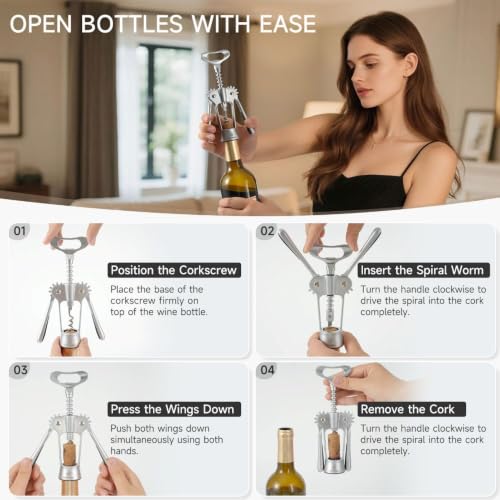 Heavy Duty Wing Corkscrew Wine Opener - Matte Silver, Stainless Steel