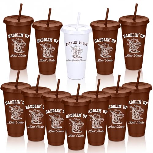 Potchen Western Bridal Xmas Cups Bulk with Lids & Straws, 12 Pcs, Brown / White