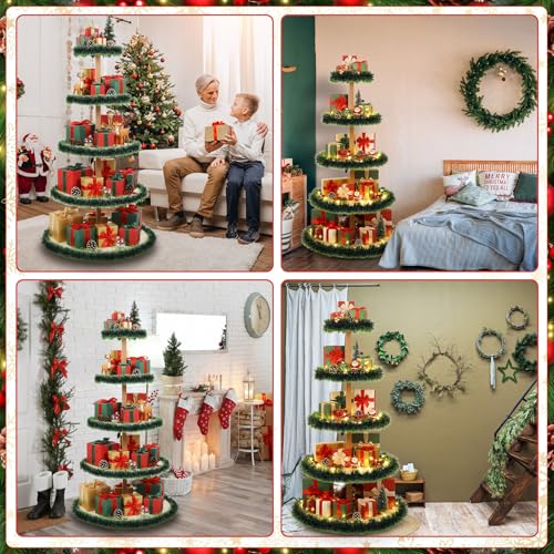 6ft Wooden Christmas Tree Shelf - 5-Tier Holiday Village Display Stand with Garland