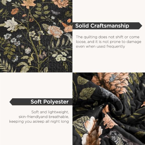 Litanika Floral Black King Quilt Set - 3 Piece Botanical Bedspread Coverlet