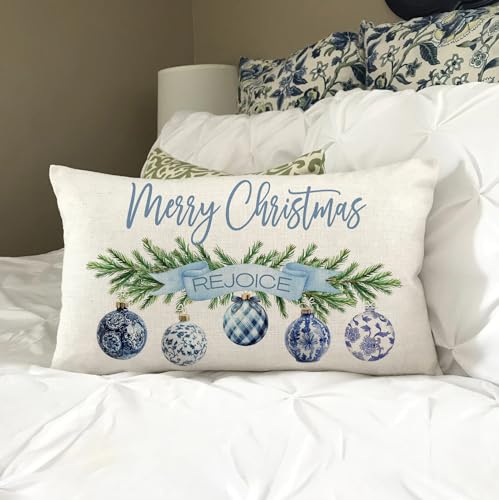 NUTEEN Christmas Pillow Cover 12x20 Blue Baubles & Snowflake Joy - 3 Blue Trees