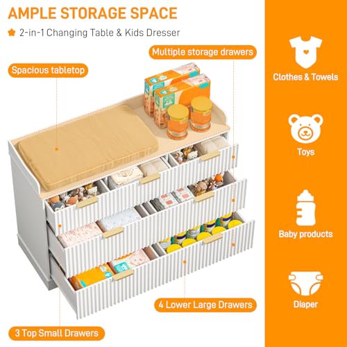 Vabches 7-Drawer Baby Dresser with White Finish, Kids Nursery Storage Organizer