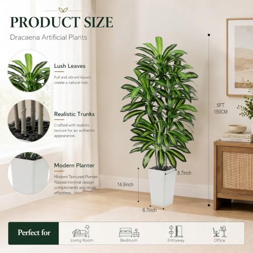 5FT Artificial Dracaena Tree with White Planter - Lifelike Indoor Faux Plant