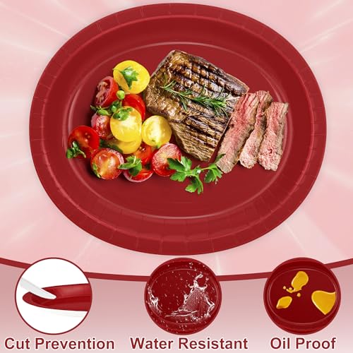 Red Paper Plates 50 Count 12.2 x 10.2 Inch Heavy-Duty Disposable Dinnerware - Perfect for Parties & Events