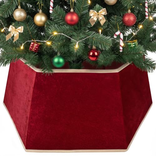 26-Inch Red Velvet Christmas Tree Skirt with Gold Trim & Fasteners