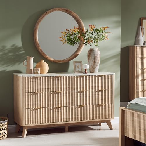 54-Inch Fluted 6-Drawer Dresser, Mid-Century Modern Wood Storage Cabinet