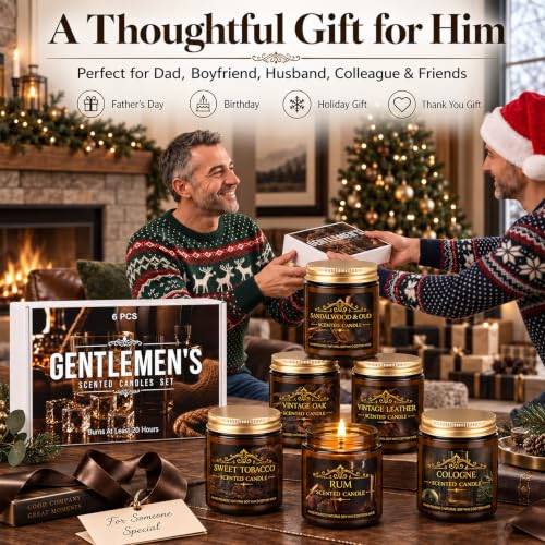 Gentlemen's Scented Candle Gift Set - Masculine Aromatherapy Candles, 6 Pack