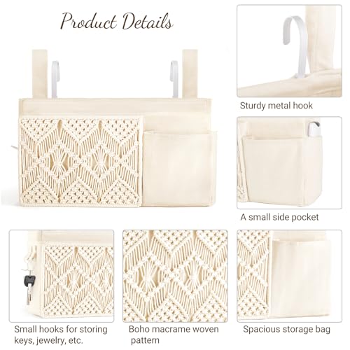 Macrame Bedside Hanging Organizer with 4 Pockets and Metal Hooks