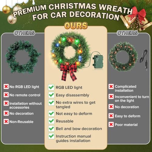 OVSOR 12 inch RGB LED Car Wreath with Remote - Decor for Car Grill