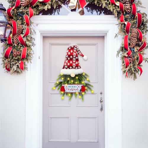 KaKaPops Red Lighted Gnome Christmas Wreath for Front Door, 28 Inch
