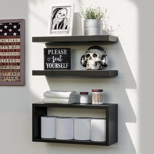3-Piece Floating Wall Shelf Set, Black Moisture-Resistant Bathroom Storage