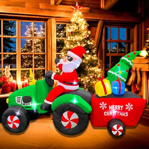 7FT Christmas Inflatable Santa Driving Tractor with Gifts & Lights