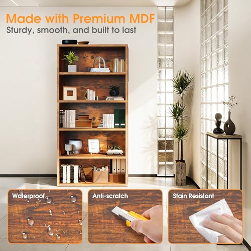 5-Tier Wood Bookshelf - 53-Inch Tall Open Display Storage Organizer