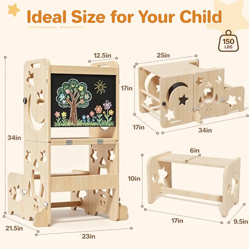 4-in-1 Foldable Montessori Toddler Learning Tower with Blackboard