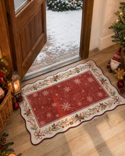 Lahome Red Christmas Kitchen Rug 2x3 ft with Scalloped Edges, Snowflake Pattern