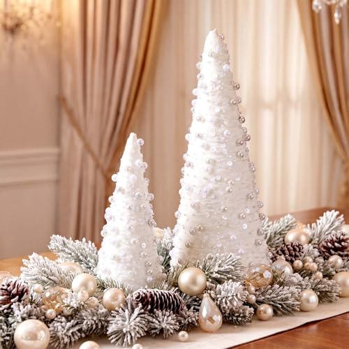 2 Sets Pearl Mini Christmas Tree Decorations - 2 Sizes, Elegant Tabletop Holiday Decor