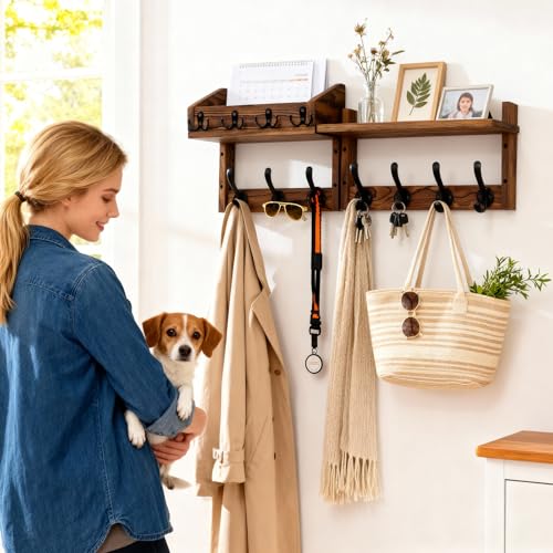 27-Inch Wall Mounted Coat Rack with Shelf and 11 Hooks, Wood Entryway Organizer