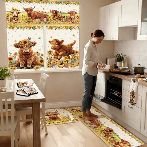 13-Piece Sunflower Highland Cow Kitchen Decor Set with Curtains and Rugs