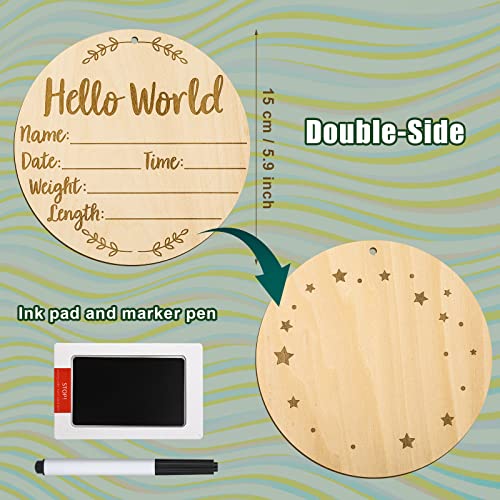 Wooden Baby Birth Announcement Sign with Ink Pad for Newborn Keepsake