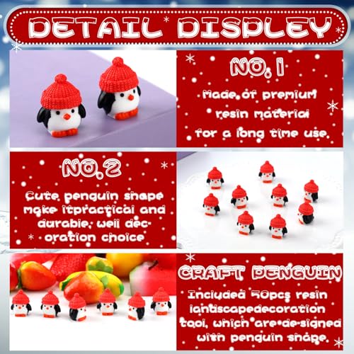 Soulchen 50 Pcs Mini Penguin Figurines with Red Hats for Christmas Decor, Resin Holiday Ornaments