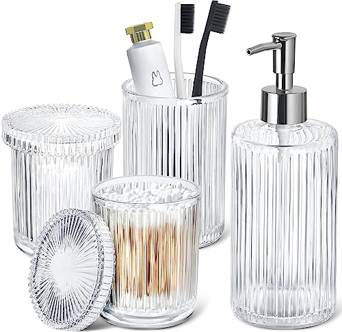 4-Piece Ribbed Glass Bathroom Accessory Set - Soap Dispenser & Holder Kit