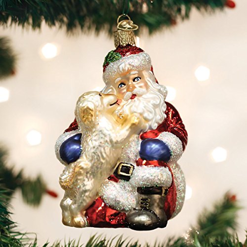 Handcrafted Mouth-Blown Glass Santa with Puppy Christmas Tree Ornament