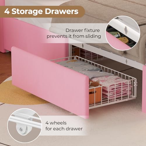 Twin Upholstered Bed Frame with LED Lights, 4 Drawers & Charging Station