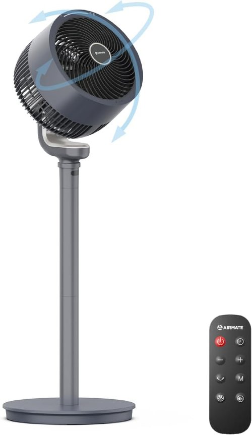 AIRMATE 16-Speed Pedestal Fan - Quiet 27dB with Remote & 90° Oscillation | Adjustable Height, Grey