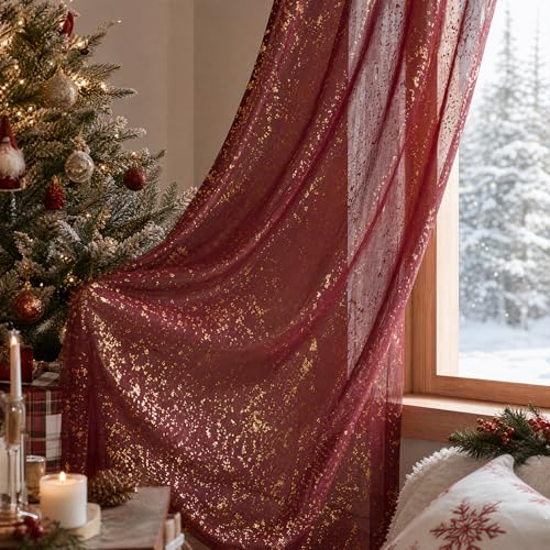 Horaldaily Burgundy & Gold Christmas Sheer Curtains 52x84in Set of 2