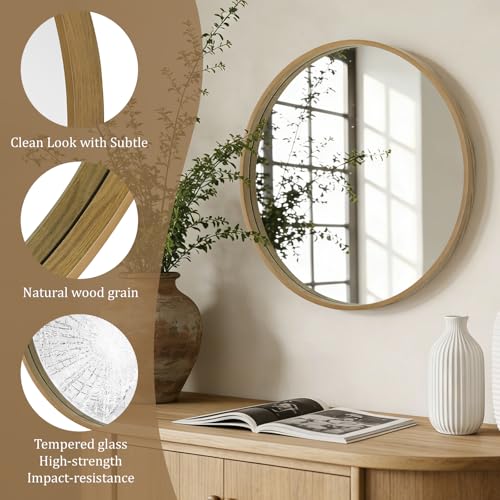 24-Inch Round Wood Wall Mirror - Natural Circle Mirror for Vanity & Entryway