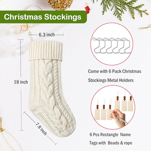 Large 18 Inch Christmas Stockings Set with Personalized Name Tags & Metal Holders - White and Khaki