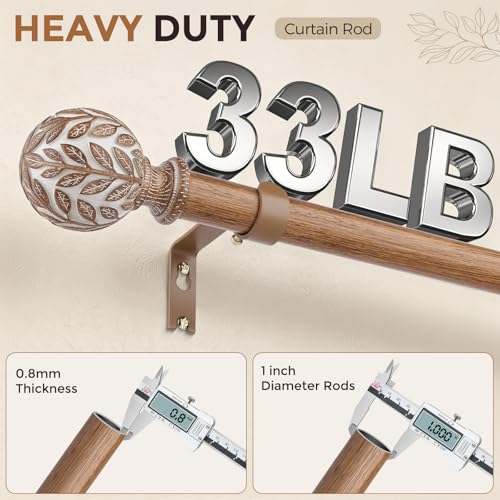 Boho Rustic Curtain Rod 36-91 Inch - Heavy Duty 1 Inch Rod with Leaf Finials