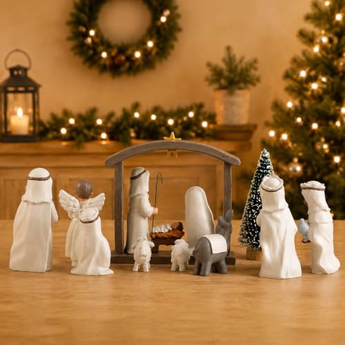 Nativity Set 12-Piece Resin Indoor Christmas Manger Scene - Off-White, 5 inch