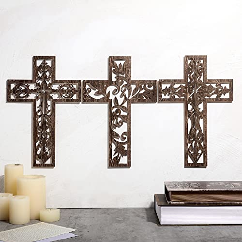 3 Pcs Wooden Cross Wall Decor, 12-Inch Hand-Carved Antique Hanging Cross