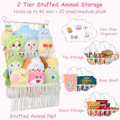 2-Tier Boho Macrame Stuffed Animal Storage Net – Large Plushie Wall Organizer
