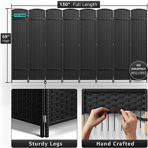 8-Panel Foldable Room Divider, 6ft Tall Portable Privacy Screen in Black