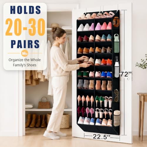 10-Tier Over-the-Door Shoe Organizer with Side Mesh Pockets, Black