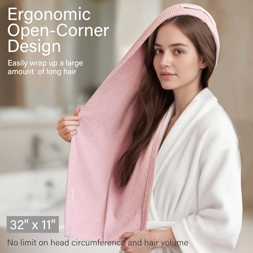 ROLSHOL Microfiber Waffle Hair Towel Wraps for Women - 32x11 Inches, Pink & Grey Pack