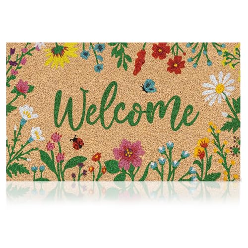 Floral Coir Welcome Mat, 17x29 Inch Non-Slip Outdoor Entryway Door Mat