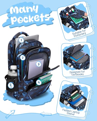 Kids School Backpack with 15.6 Inch Laptop Sleeve - Geometric Blue Bookbag