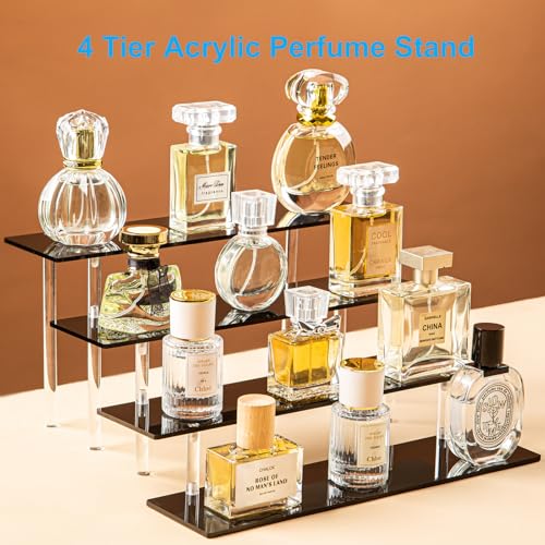 4-Tier Black Acrylic Display Riser Stand for Perfume, Cosmetics & Collectibles