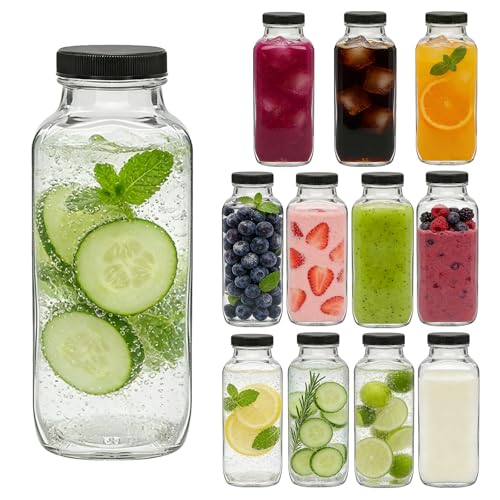 Accguan 12oz Glass Water Bottles Set - Leak-Proof Square Bottles for Juicing, Oils, Kombucha, Travel