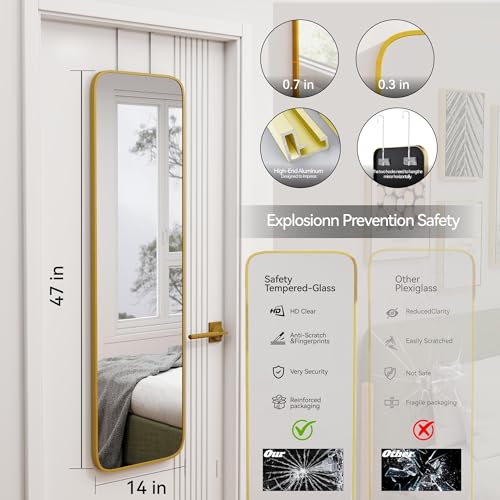 47x14 Full Length Mirror, Over-the-Door or Wall Mounted Aluminum Frame