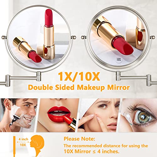 8 Inch Extendable Nickel Wall Mounted Makeup Mirror 1X/10X Magnification No LED - ALHAKIN