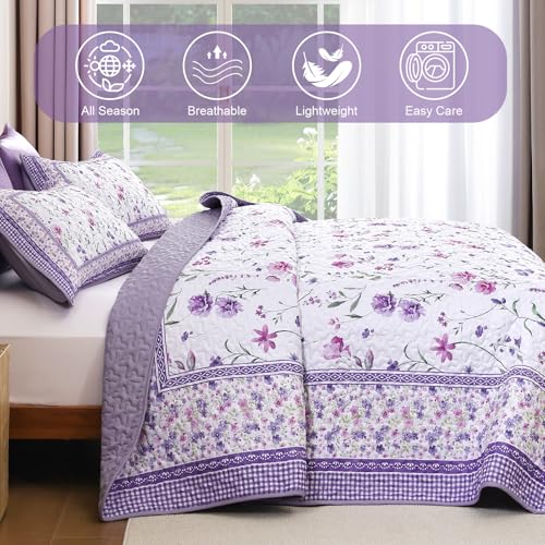 Floral Quilt Set Queen, Purple Flower Bedspread Coverlet for All Seasons