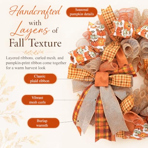 24-Inch Lighted Fall Pumpkin Wreath for Front Door with Storage Bag