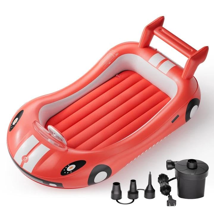 Inflatable Toddler Travel Bed with Electric Pump - Kids Racing Car Air Mattress