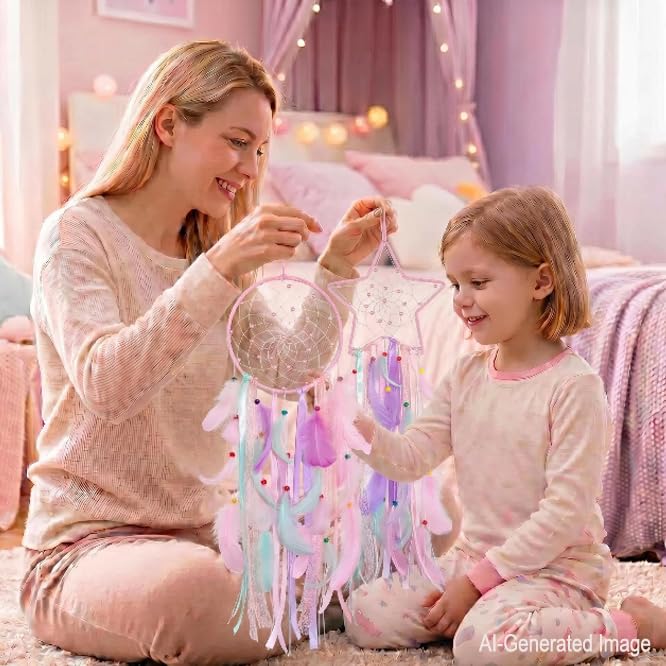 3-Piece Pink Dream Catcher Set - Star, Moon & Sun Wall Decor for Girls Room