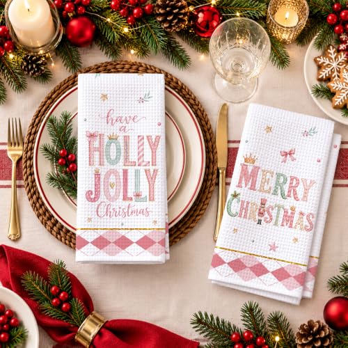 Dainty Pink Holly Jolly Christmas Kitchen Towels Set of 2 - Holiday Farmhouse Decor